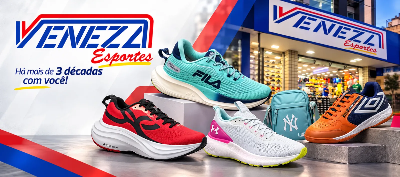 Tênis Fila, Under Armour, Umbro e outras marcas em destaque na Veneza Esportes, há mais de 3 décadas com você