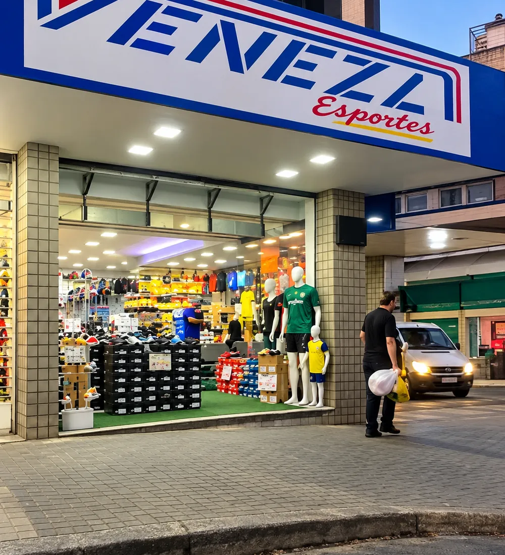 Fachada da Veneza Esportes na Rua Sete de Setembro, Centro de Caruaru, com vitrine de tênis e camisas